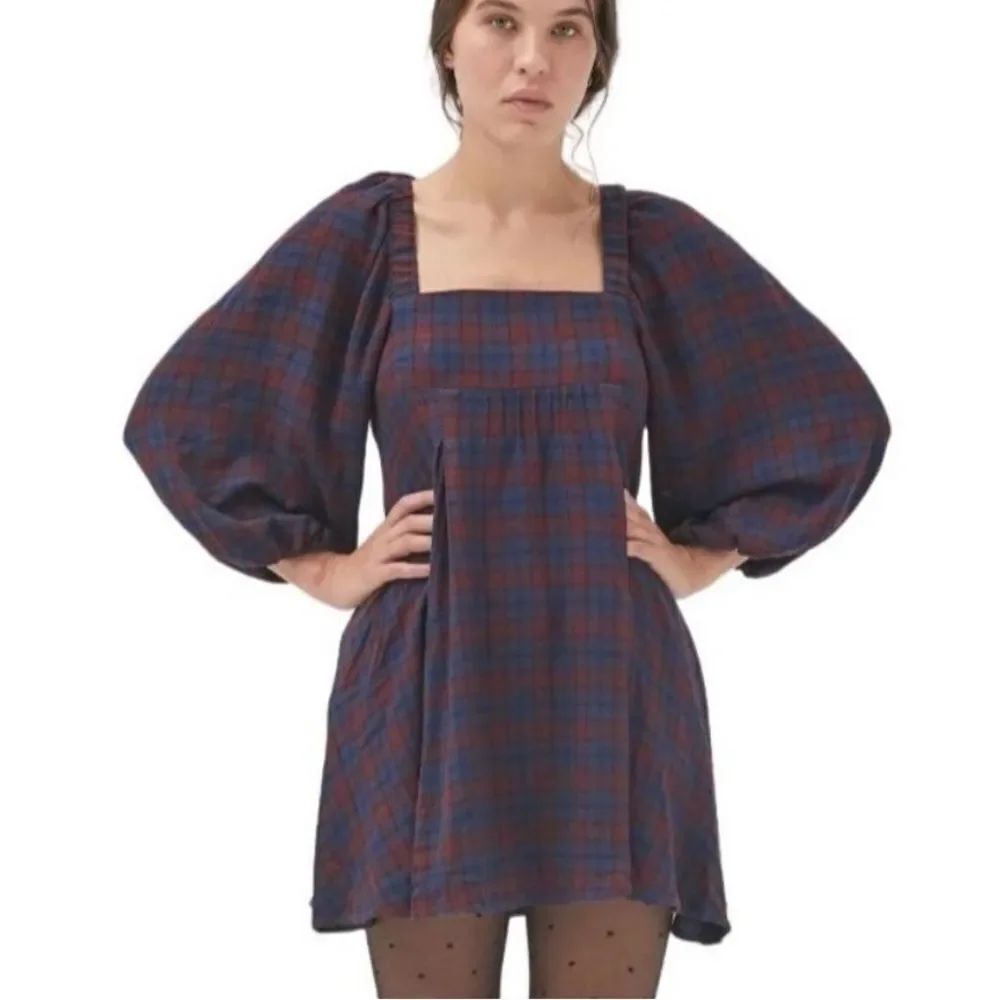 Urban Outfitters Blue and Red Puff Sleeve Mini Dress